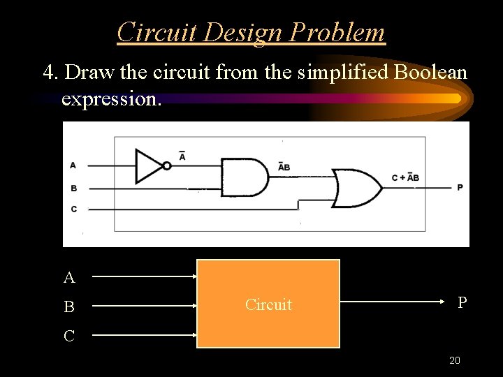 Circuit Design Problem 4. Draw the circuit from the simplified Boolean expression. A B Circuit Design Problem 4. Draw the circuit from the simplified Boolean expression. A B