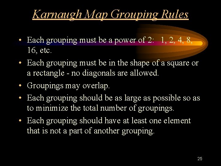 Karnaugh Map Grouping Rules • Each grouping must be a power of 2: 1, Karnaugh Map Grouping Rules • Each grouping must be a power of 2: 1,