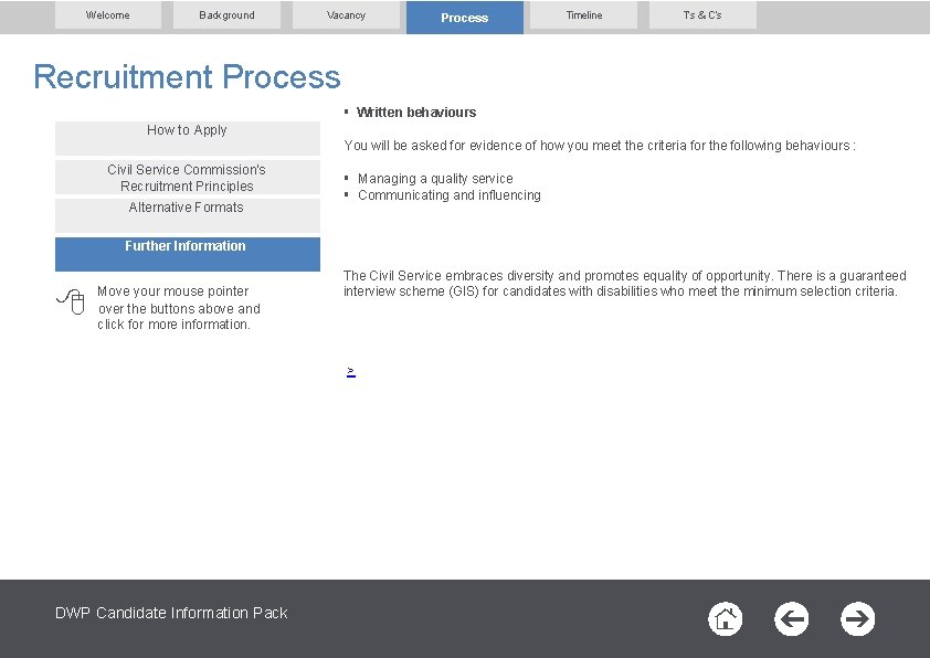 Welcome Background Vacancy Process Timeline T’s & C’s Recruitment Process § Written behaviours How