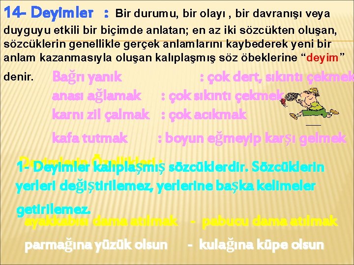 14 - Deyimler : Bir durumu, bir olayı , bir davranışı veya duyguyu etkili