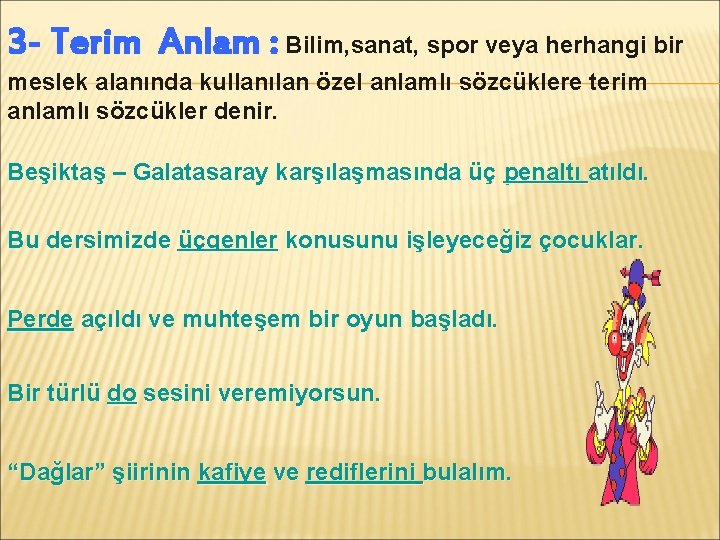 3 - Terim Anlam : Bilim, sanat, spor veya herhangi bir meslek alanında kullanılan