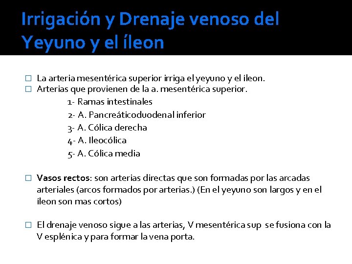 Irrigación y Drenaje venoso del Yeyuno y el íleon � � La arteria mesentérica