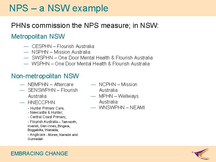 NPS – a NSW example PHNs commission the NPS measure; in NSW: Metropolitan NSW