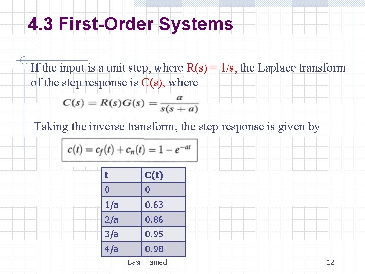 4. 3 First-Order Systems If the input is a unit step, where R(s) =