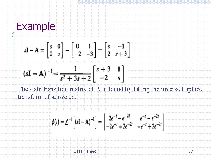 Example The state-transition matrix of A is found by taking the inverse Laplace transform
