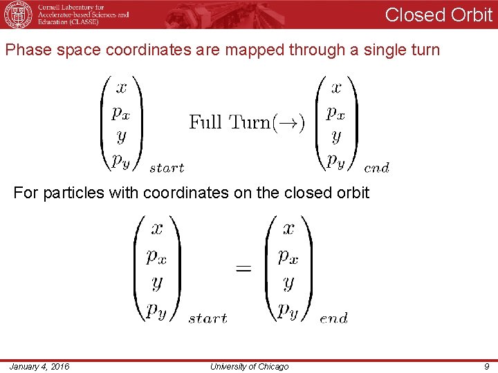 Closed Orbit Phase space coordinates are mapped through a single turn For particles with