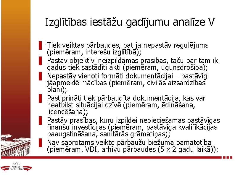 Izglītības iestāžu gadījumu analīze V ▌ Tiek veiktas pārbaudes, pat ja nepastāv regulējums (piemēram,