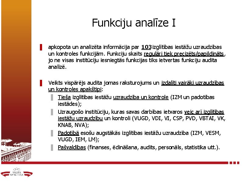 Funkciju analīze I ▌ apkopota un analizēta informācija par 103 izglītības iestāžu uzraudzības un