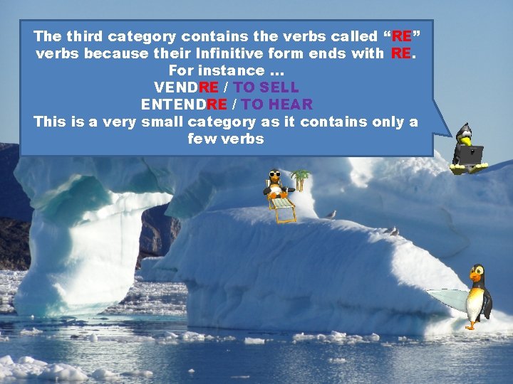 The third category contains the verbs called “RE” verbs because their Infinitive form ends