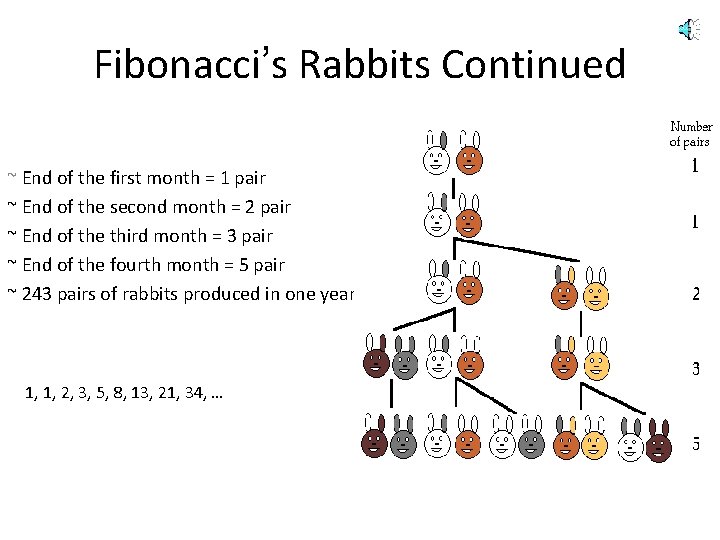 Fibonacci’s Rabbits Continued ~ End of the first month = 1 pair ~ End