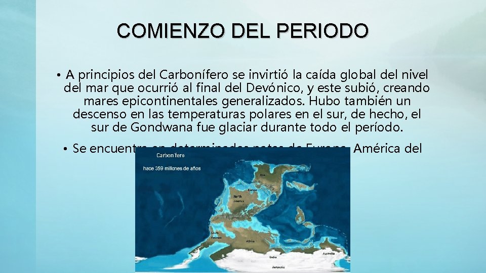 COMIENZO DEL PERIODO • A principios del Carbonífero se invirtió la caída global del