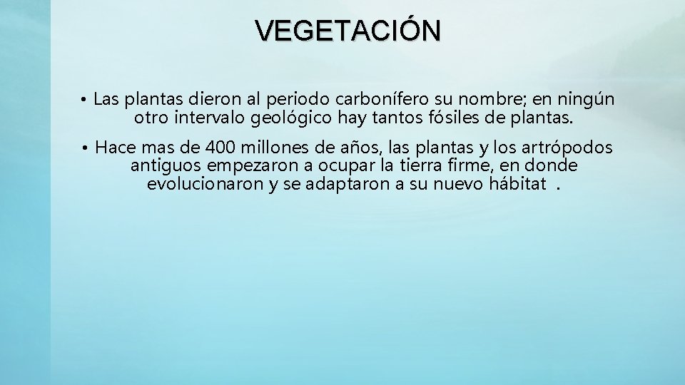 VEGETACIÓN • Las plantas dieron al periodo carbonífero su nombre; en ningún otro intervalo