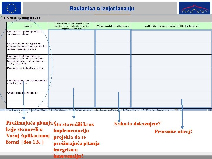 Radionica o izvještavanju Prožimajuća pitanja Šta ste radili kroz koje ste naveli u implementaciju