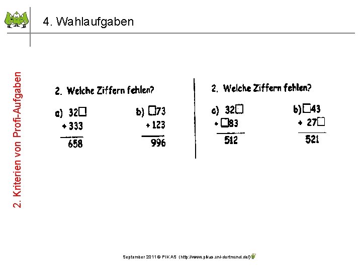 2. Kriterien von Profi-Aufgaben 4. Wahlaufgaben September 2011 © PIK AS (http: //www. pikas.