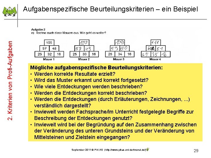 2. Kriterien von Profi-Aufgabenspezifische Beurteilungskriterien – ein Beispiel Mögliche aufgabenspezifische Beurteilungskriterien: • Werden korrekte