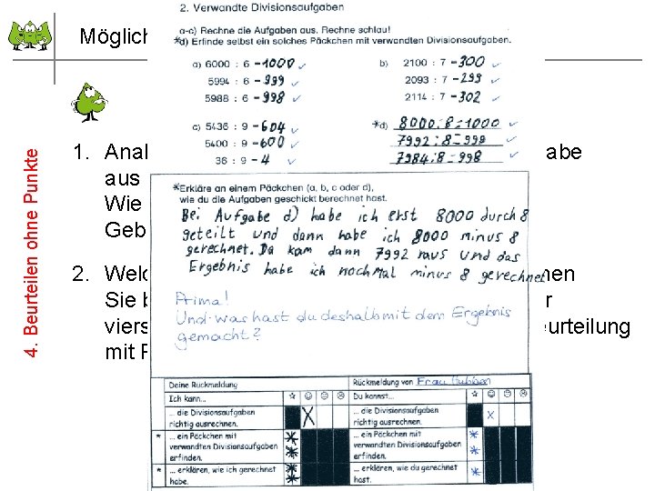 Mögliche Bewertungskriterien 4. Beurteilen ohne Punkte Bewertung differenzierter Aufgaben mit vierstufiger Smiley-Skala (Variante 2)