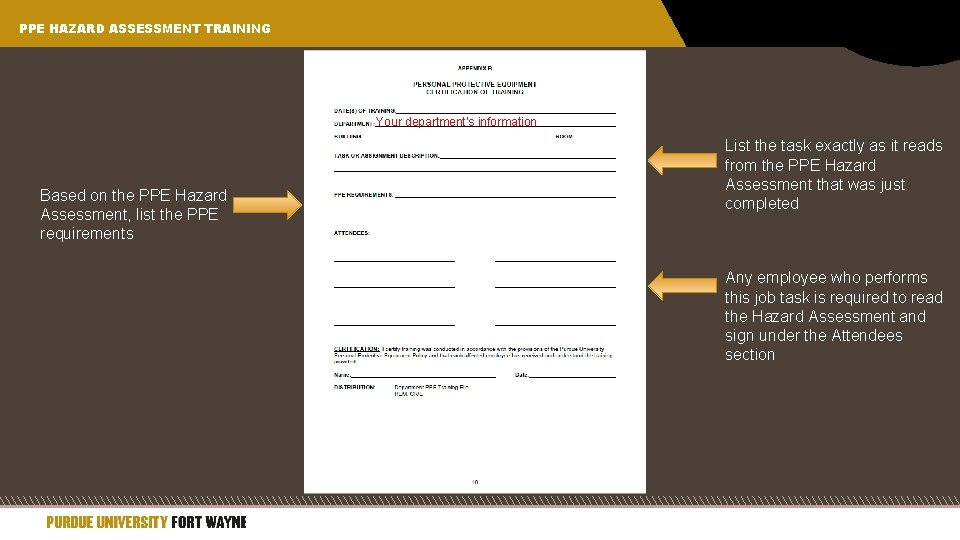 PPE HAZARD ASSESSMENT TRAINING Your department’s information Based on the PPE Hazard Assessment, list