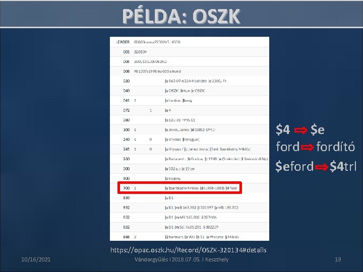 PÉLDA: OSZK $4 $e fordító $eford $4 trl https: //opac. oszk. hu/Record/OSZK-320134#details 10/16/2021 Vándorgyűlés