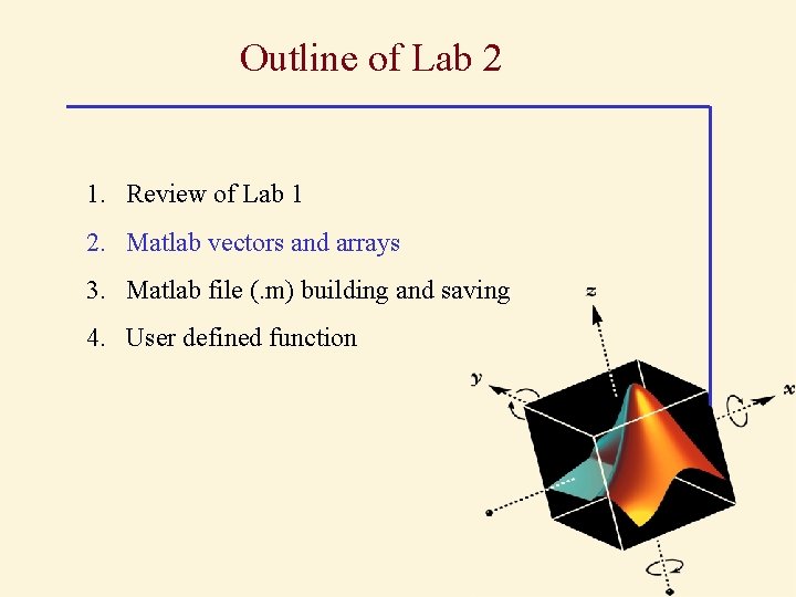 Outline of Lab 2 1. Review of Lab 1 2. Matlab vectors and arrays Outline of Lab 2 1. Review of Lab 1 2. Matlab vectors and arrays