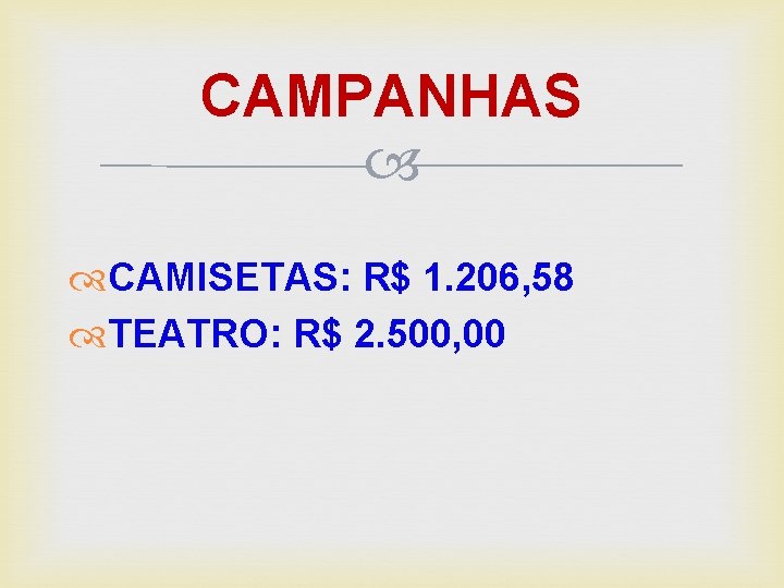 CAMPANHAS CAMISETAS: R$ 1. 206, 58 TEATRO: R$ 2. 500, 00 