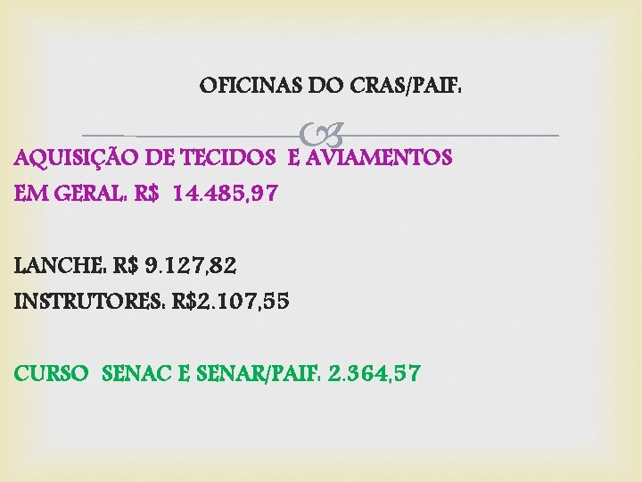 OFICINAS DO CRAS/PAIF: AQUISIÇÃO DE TECIDOS E AVIAMENTOS EM GERAL: R$ 14. 485, 97