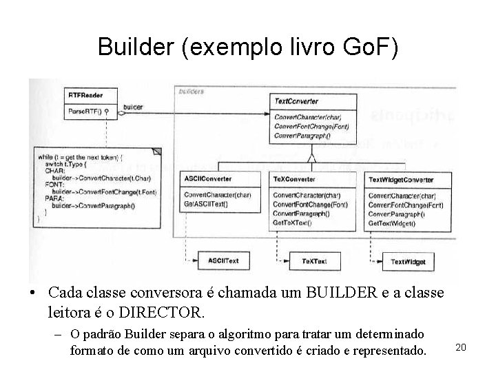 Builder (exemplo livro Go. F) • Cada classe conversora é chamada um BUILDER e