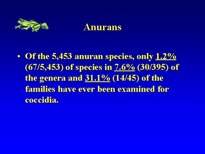 Anurans • Of the 5, 453 anuran species, only 1. 2% (67/5, 453) of