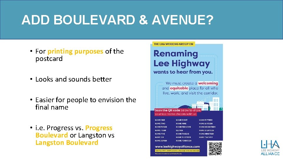 ADD BOULEVARD & AVENUE? • For printing purposes of the postcard • Looks and