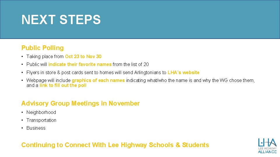 NEXT STEPS Public Polling • Taking place from Oct 23 to Nov 30 •