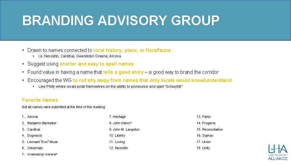 BRANDING ADVISORY GROUP • Drawn to names connected to local history, place, or flora/fauna