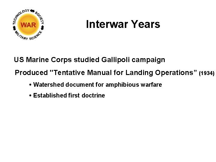 Interwar Years US Marine Corps studied Gallipoli campaign Produced "Tentative Manual for Landing Operations”