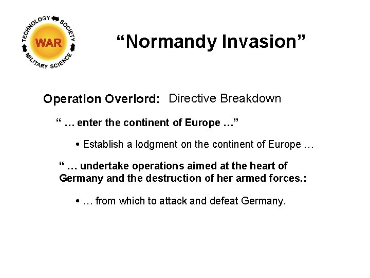 “Normandy Invasion” Operation Overlord: Directive Breakdown “ … enter the continent of Europe …”