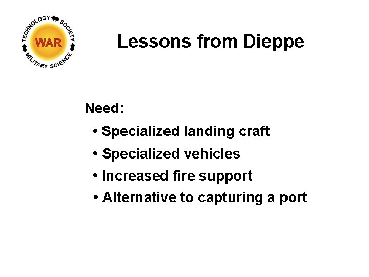 Lessons from Dieppe Need: • Specialized landing craft • Specialized vehicles • Increased fire