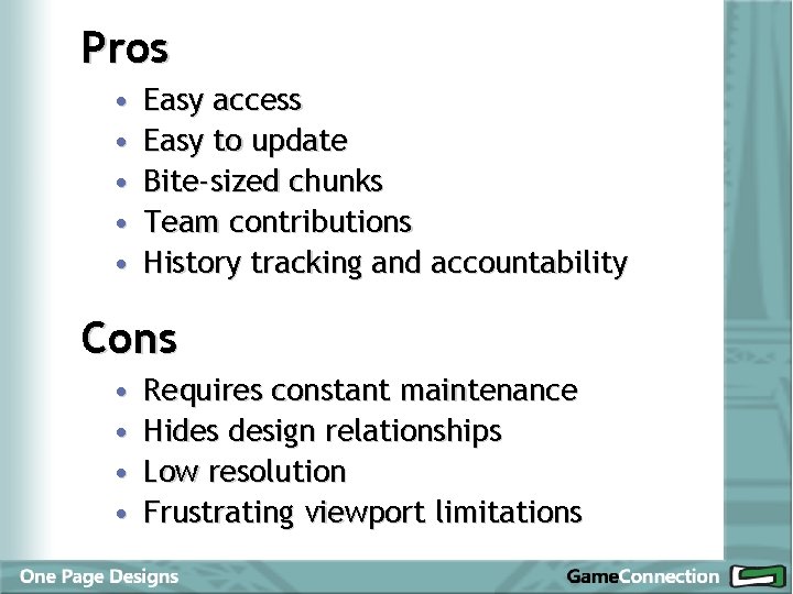 Pros • • • Easy access Easy to update Bite-sized chunks Team contributions History