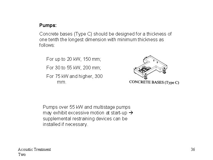 Pumps: Concrete bases (Type C) should be designed for a thickness of one tenth