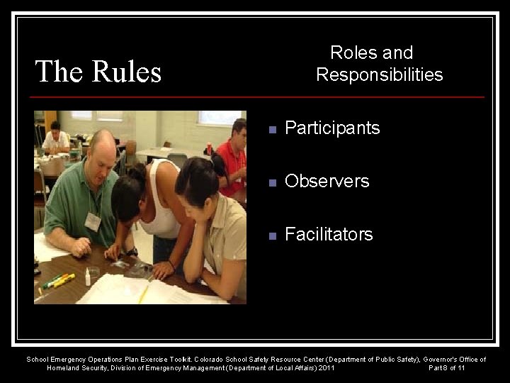 Roles and Responsibilities The Rules n Participants n Observers n Facilitators School Emergency Operations