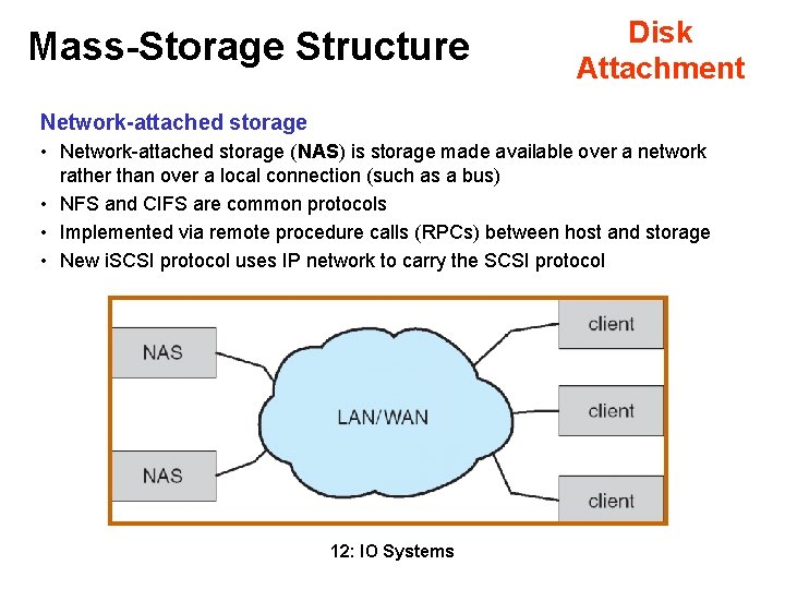 Mass-Storage Structure Disk Attachment Network-attached storage • Network-attached storage (NAS) is storage made available