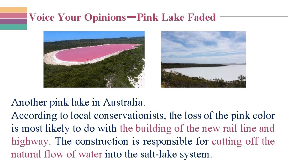 Voice Your Opinions－Pink Lake Faded Another pink lake in Australia. According to local conservationists,