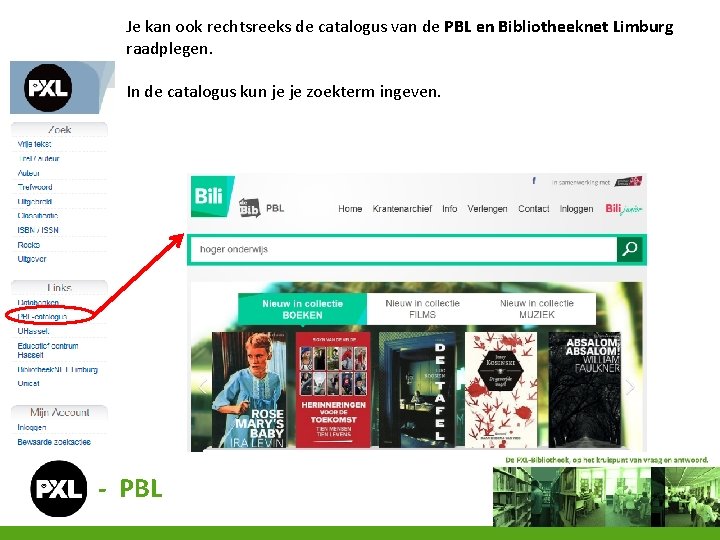 Je kan ook rechtsreeks de catalogus van de PBL en Bibliotheeknet Limburg raadplegen. In