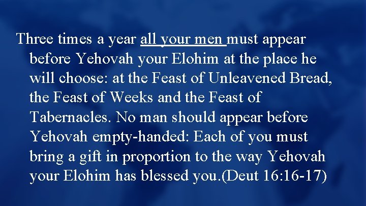 Three times a year all your men must appear before Yehovah your Elohim at
