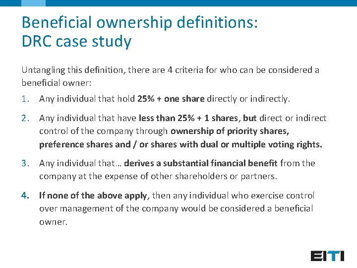 Beneficial ownership definitions: DRC case study Untangling this definition, there are 4 criteria for