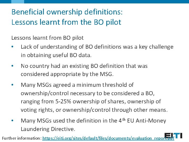 Beneficial ownership definitions: Lessons learnt from the BO pilot Lessons learnt from BO pilot