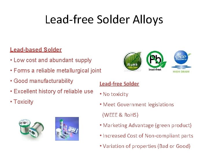 Lead-free Solder Alloys Lead-based Solder • Low cost and abundant supply • Forms a
