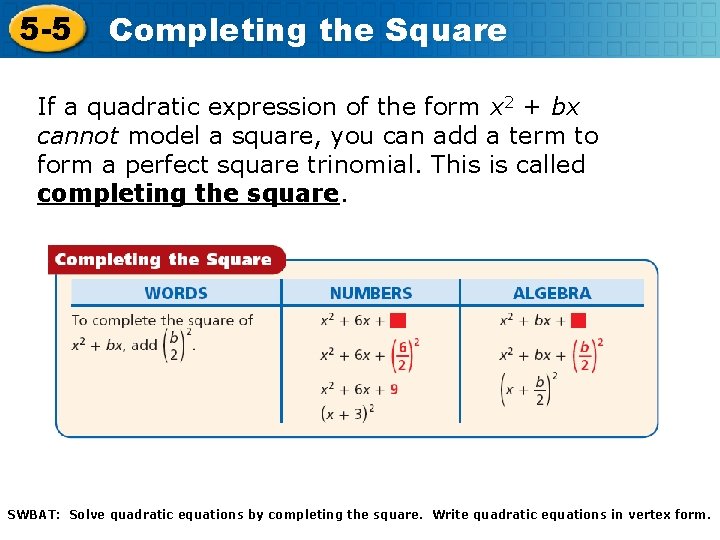5 -5 Completing the Square If a quadratic expression of the form x 2