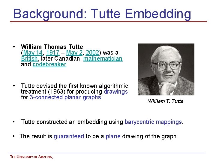 Background: Tutte Embedding • William Thomas Tutte (May 14, 1917 – May 2, 2002)