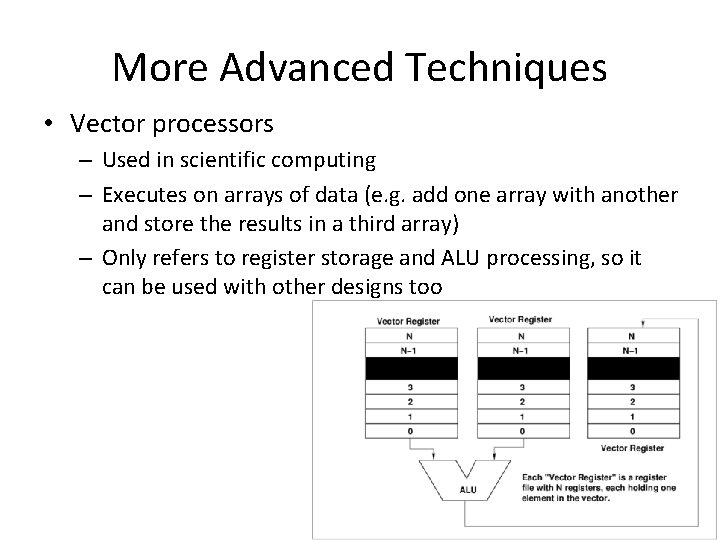 More Advanced Techniques • Vector processors – Used in scientific computing – Executes on
