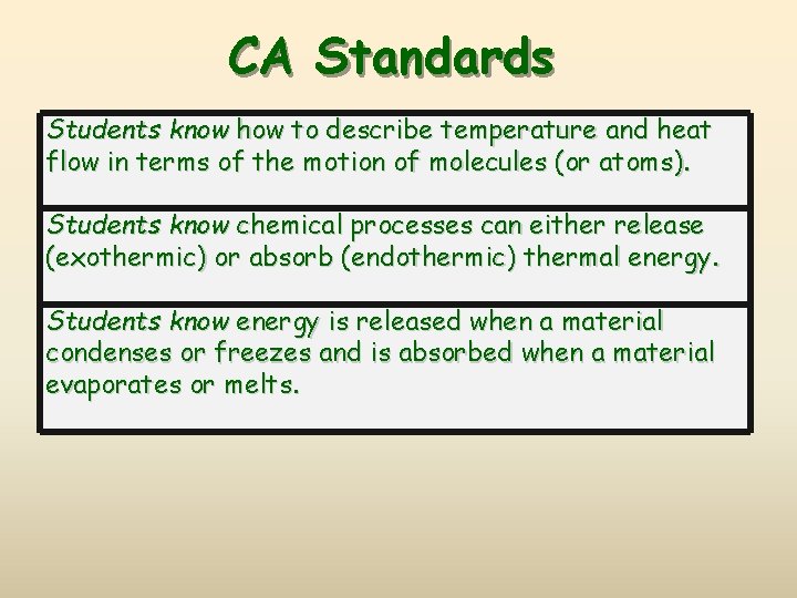 CA Standards Students know how to describe temperature and heat flow in terms of