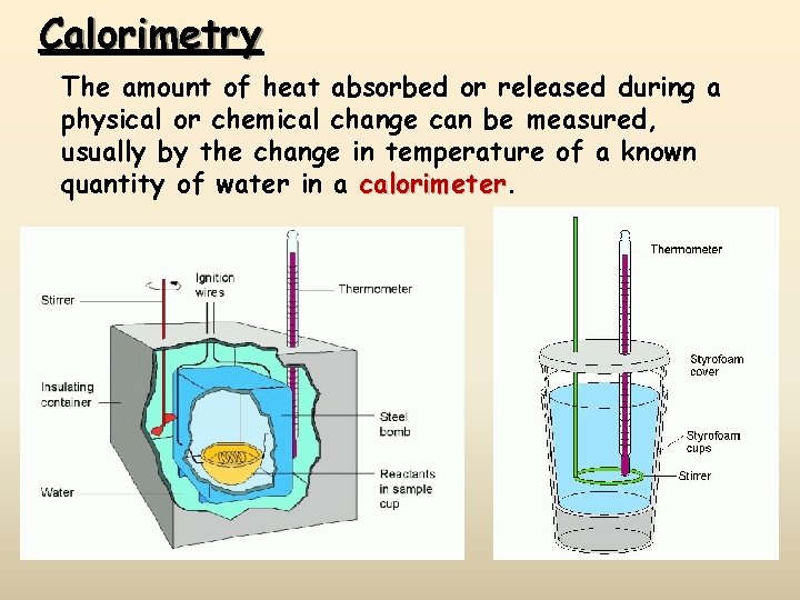 Calorimetry The amount of heat absorbed or released during a physical or chemical change