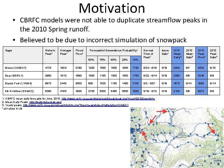 Motivation • CBRFC models were not able to duplicate streamflow peaks in the 2010