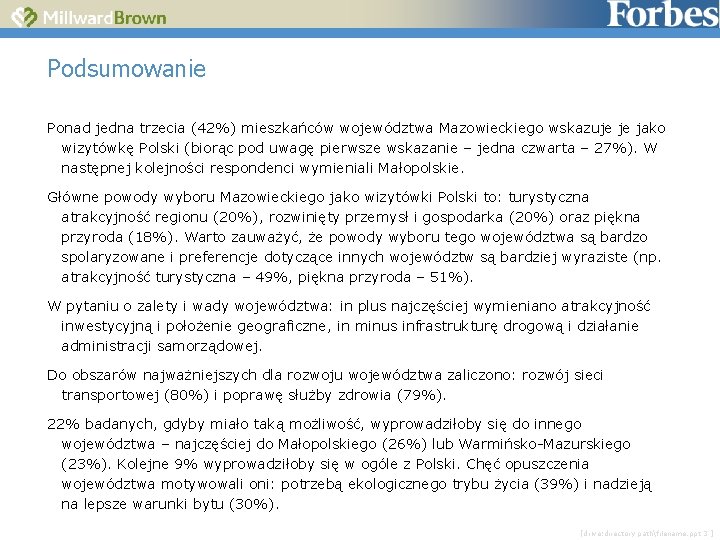 Podsumowanie Ponad jedna trzecia (42%) mieszkańców województwa Mazowieckiego wskazuje je jako wizytówkę Polski (biorąc